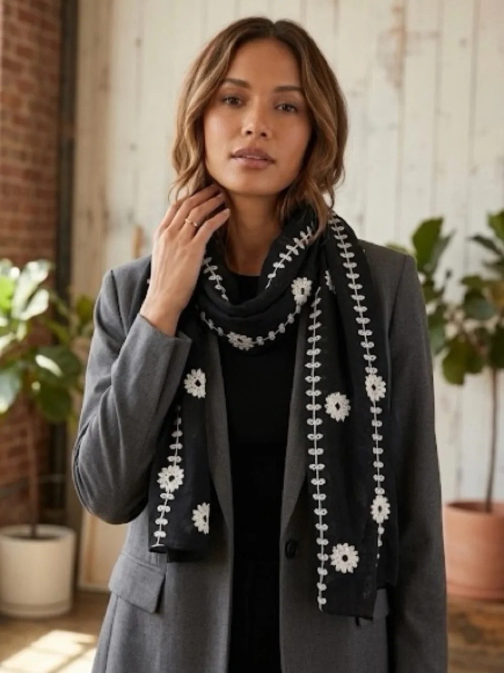 Black Scarf with White Floral Embroidery - Women Accessories